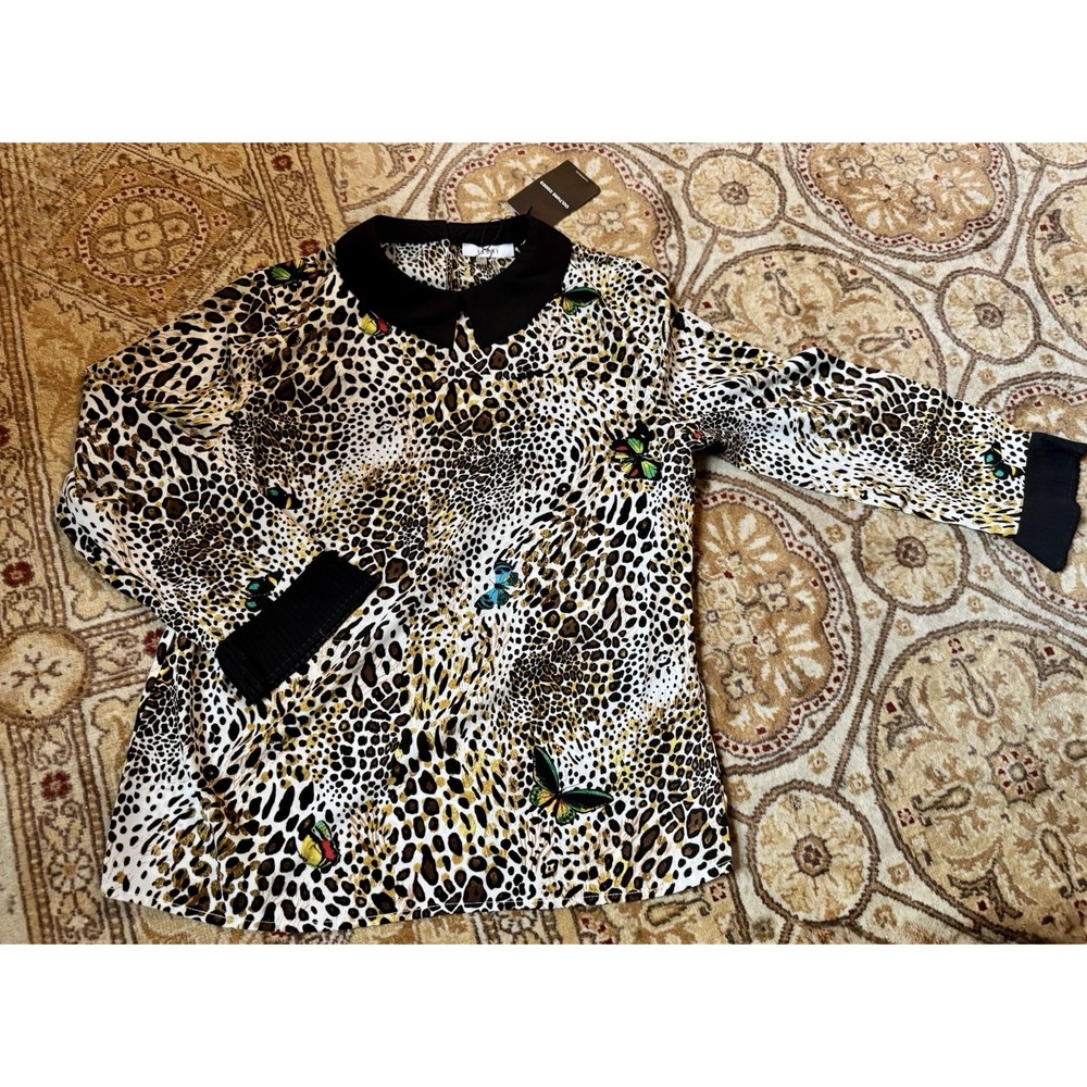 NWT Culture Coded Cheetah Sioni Collared Accordion Pleat Slv Blouse‎ Top S/Small